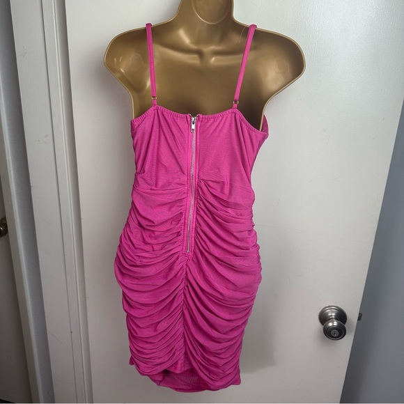 Hello Molly Hot Pink Adjustable Spaghetti Strap Mesh Overlay Ruched Mini Dress 8 - Picture 5 of 15